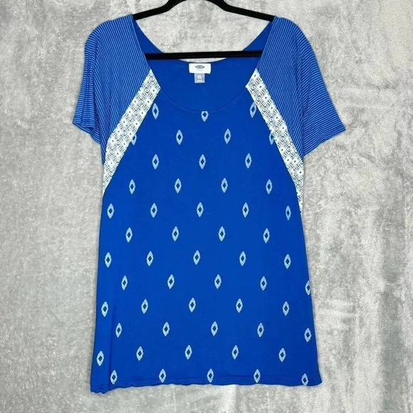 Old Navy XXL 2X Shirt Top Blue Geometric Short Sleeve Scoop Neck Knit - Picture 1 of 6